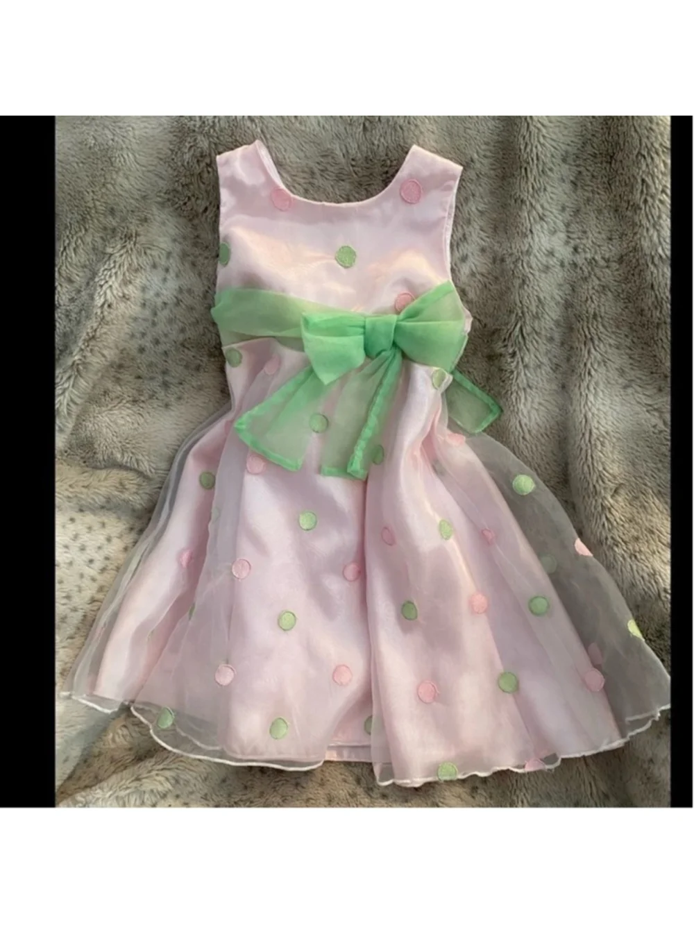Wonderkids Pink Polka Dot Organza Party Dress Green Bow Size 3T EUC